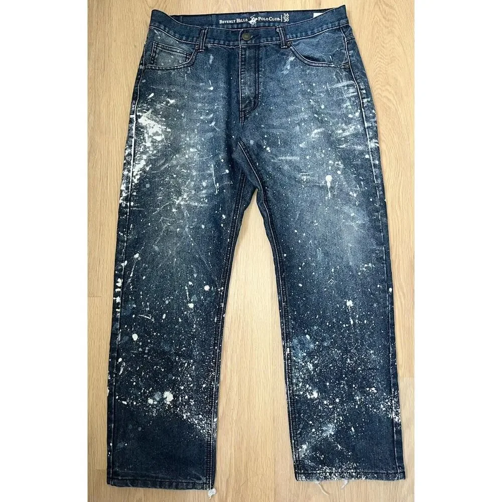Beverly Hills‎ Polo Club Jeans Men 36x30 Dark Wash Denim Pants bleach splatter